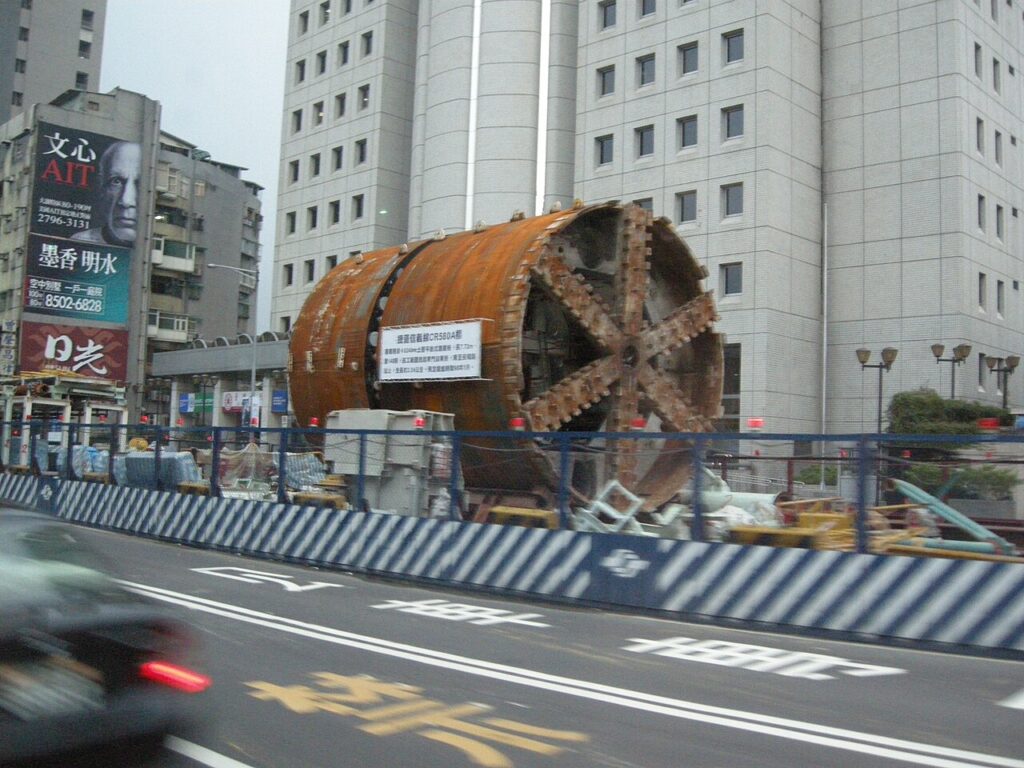 Tunnel boring machine cutter head at a Taipei metro construction site.