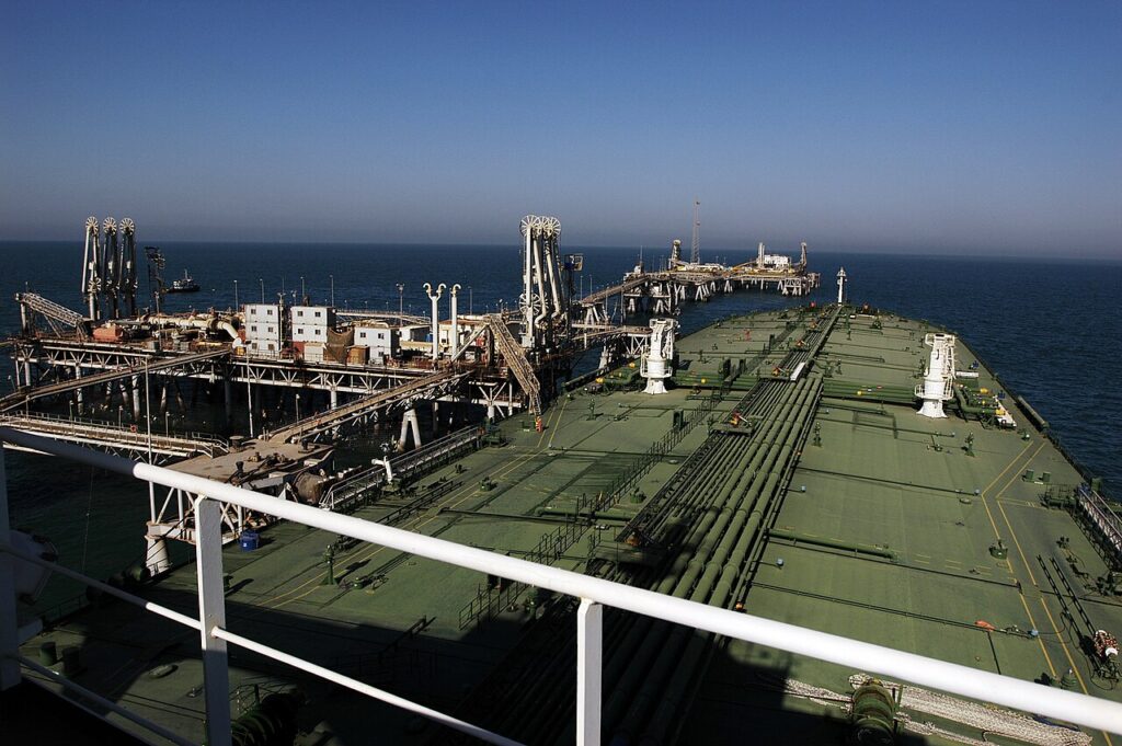 An oil tanker loading crude oil at an offshore terminal in the Persian Gulf