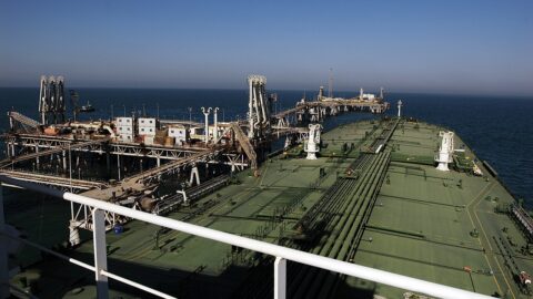 An oil tanker loading crude oil at an offshore terminal in the Persian Gulf