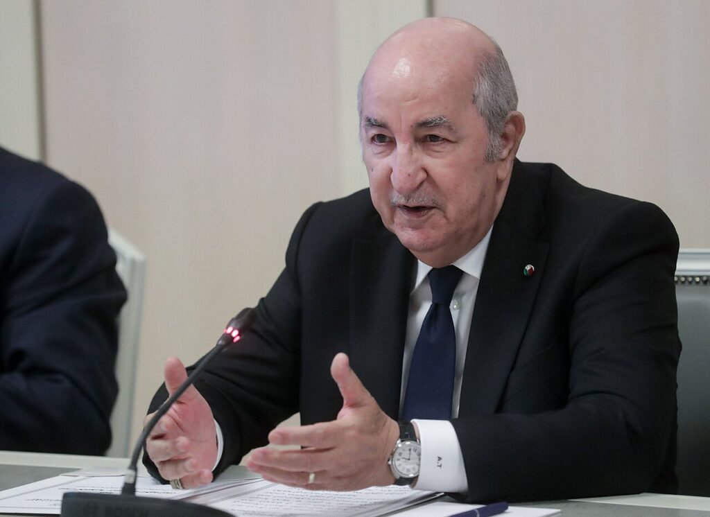 Algerian President Abdelmadjid Tebboune speaking at a meeting.
