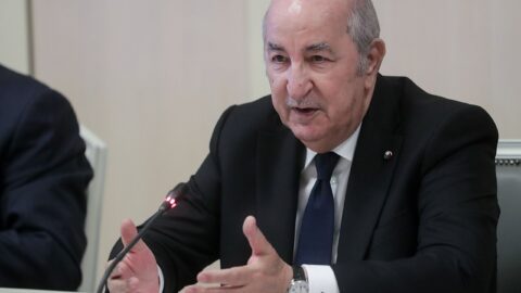 Algerian President Abdelmadjid Tebboune speaking at a meeting.