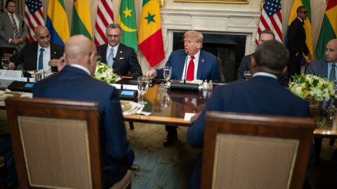 U.S. President Donald Trump at a White House multilateral lunch with African leaders, July 2025