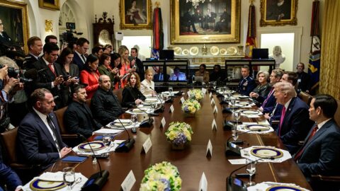 Donald Trump and Volodymyr Zelenskyy at a bilateral lunch at the White House