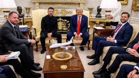 US President Donald Trump and Ukrainian President Volodymyr Zelensky seated together in the Oval Office during their August 18, 2025 White House meeting.