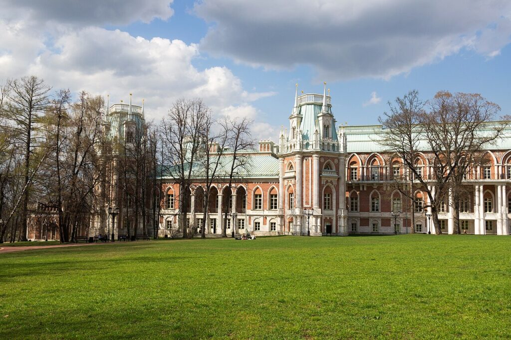 The Grand Palace at Tsaritsyno Museum Reserve in Moscow, with its lawn in front.
