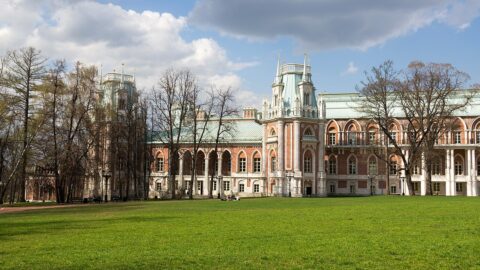 The Grand Palace at Tsaritsyno Museum Reserve in Moscow, with its lawn in front.