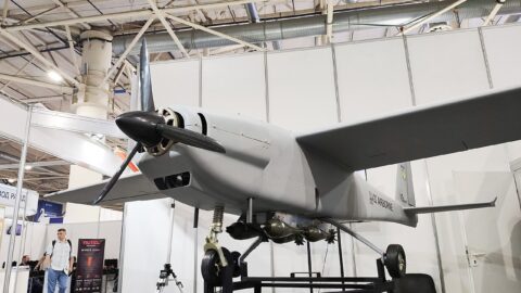 Ukrainian UJ-22 Airborne long-range strike drone on display in Kyiv