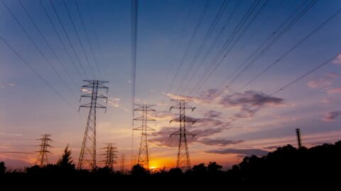 Electricity transmission pylons at dawn, Ukraine