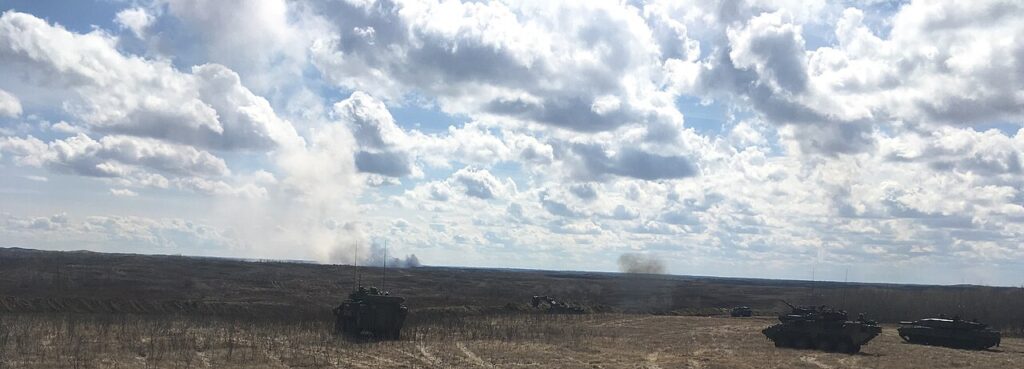 Canadian armoured vehicles on a live-fire training exercise at CFB Wainwright, Alberta