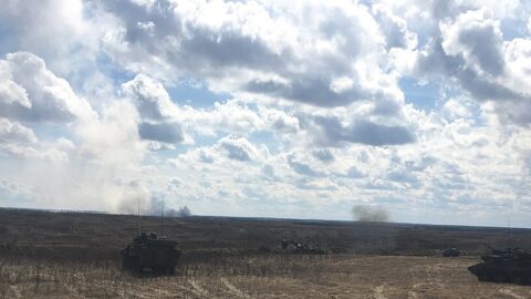 Canadian armoured vehicles on a live-fire training exercise at CFB Wainwright, Alberta