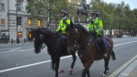 Whitehall, London street scene with mounted police officers