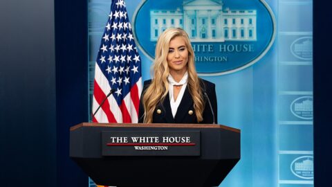 White House Press Secretary Katie Zacharia at the briefing room podium during her first press briefing, October 13, 2026.