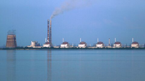 The Zaporizhzhia nuclear power plant viewed from across the Kakhovka Reservoir in Ukraine