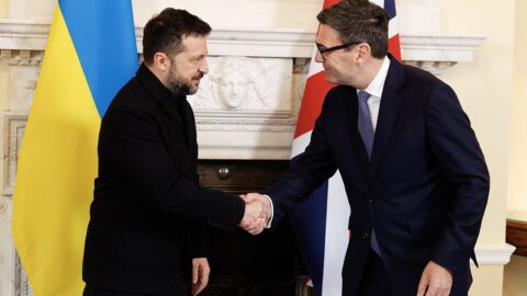 Ukrainian President Volodymyr Zelenskyy shakes hands with British Prime Minister Andy Burnham at 10 Downing Street, London, October 15, 2026