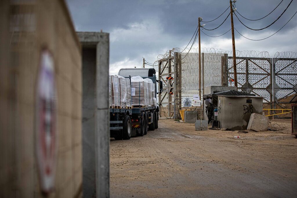 Aid truck loaded with humanitarian supplies staged at the Zikim crossing into Gaza