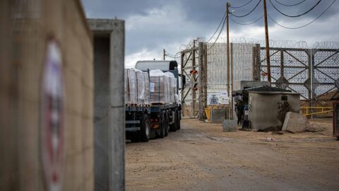 Aid truck loaded with humanitarian supplies staged at the Zikim crossing into Gaza